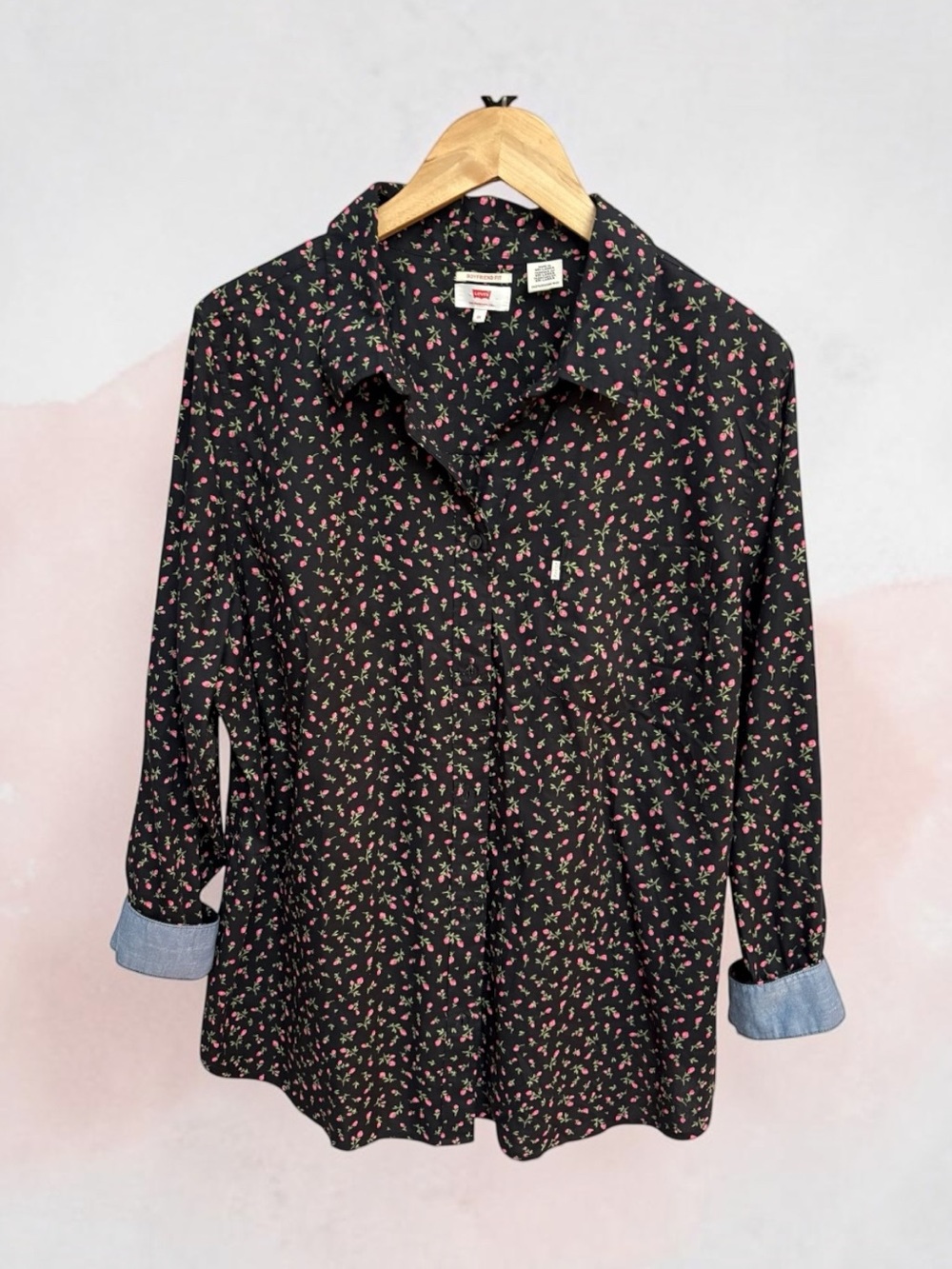 Levi’s Black Pink Floral Rose Print Boyfriend Fit Button Up Shirt Blouse 2X EUC